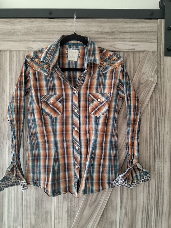 Panhandle Tops - Women's Plaid Button-Down Shirt with Embroidered Yoke - Orange & Teal